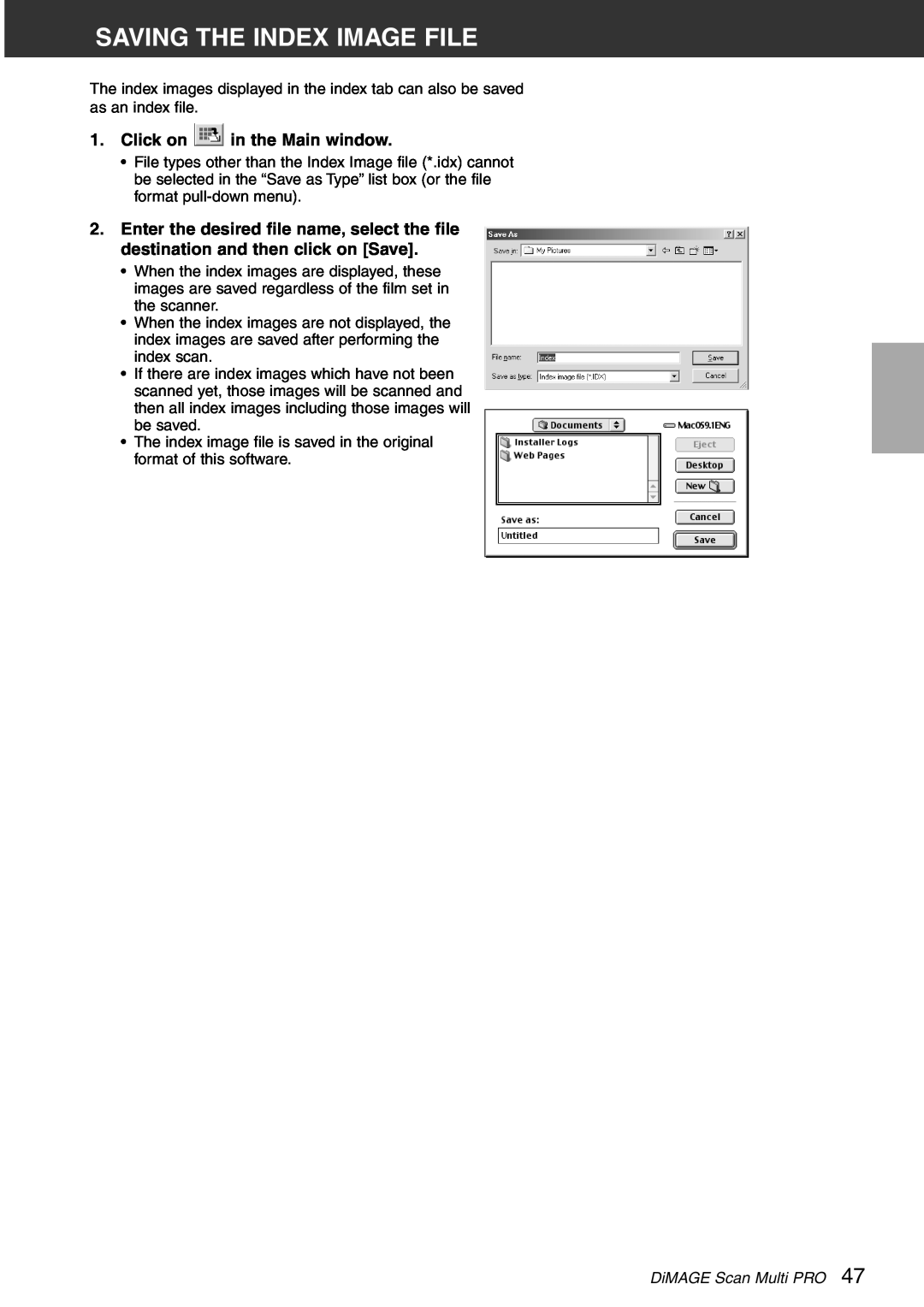 Konica Minolta instruction manual Saving The Index Image File, Click on in the Main window, DiMAGE Scan Multi PRO 