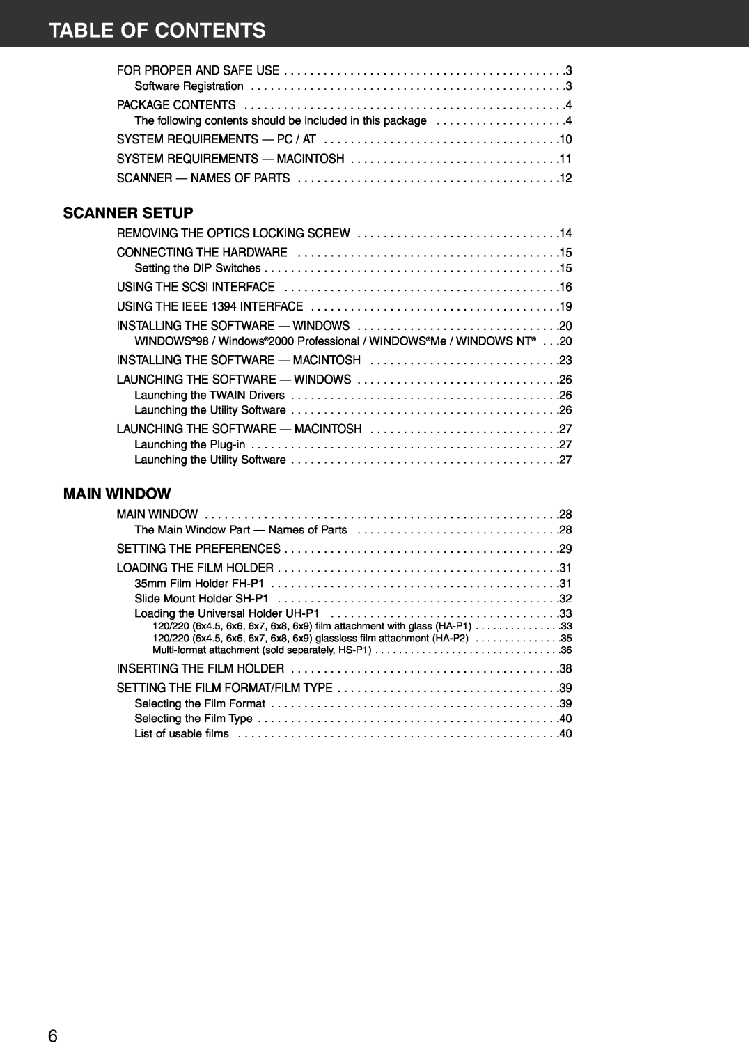 Konica Minolta Scan Multi PRO instruction manual Table Of Contents, Main Window, Scanner Setup 