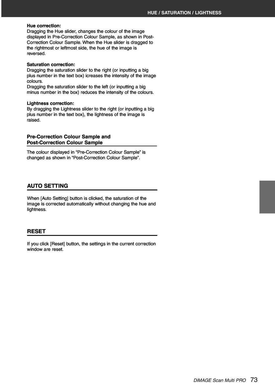 Konica Minolta Scan Multi PRO Auto Setting, Reset, Pre-Correction Colour Sample and Post-Correction Colour Sample 
