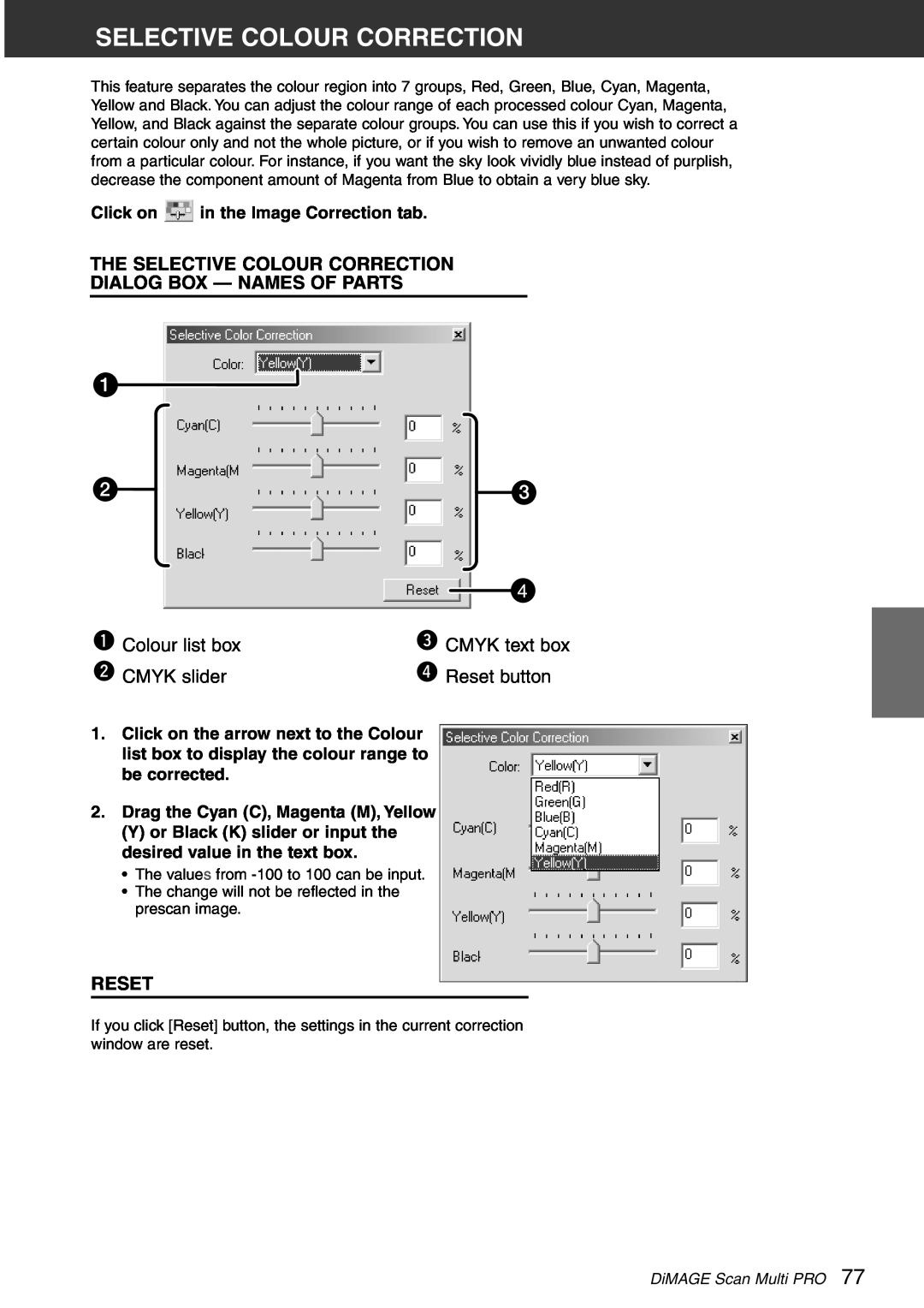Konica Minolta Scan Multi PRO instruction manual The Selective Colour Correction Dialog Box - Names Of Parts, Reset 