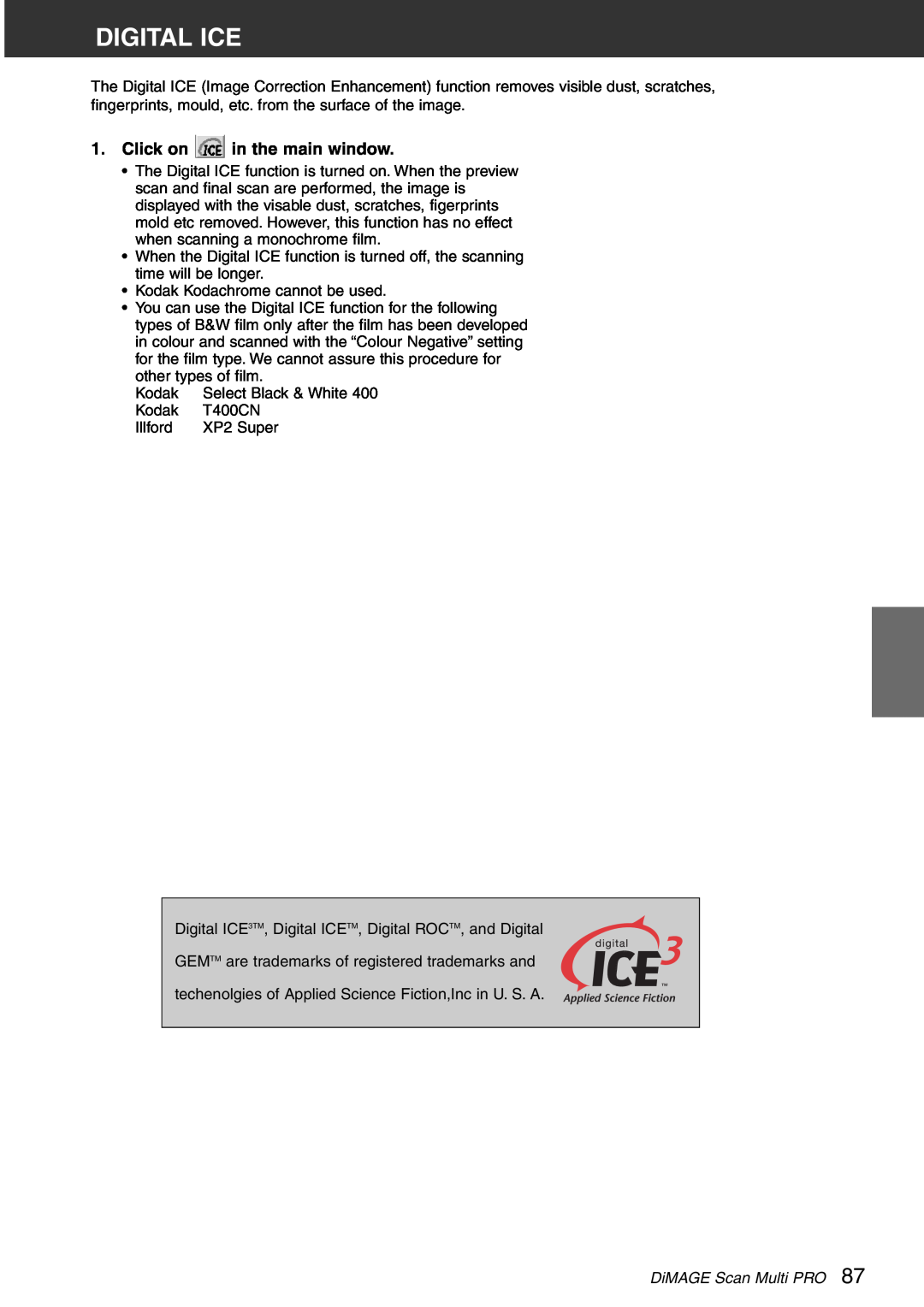 Konica Minolta instruction manual Digital Ice, Click on in the main window, DiMAGE Scan Multi PRO 