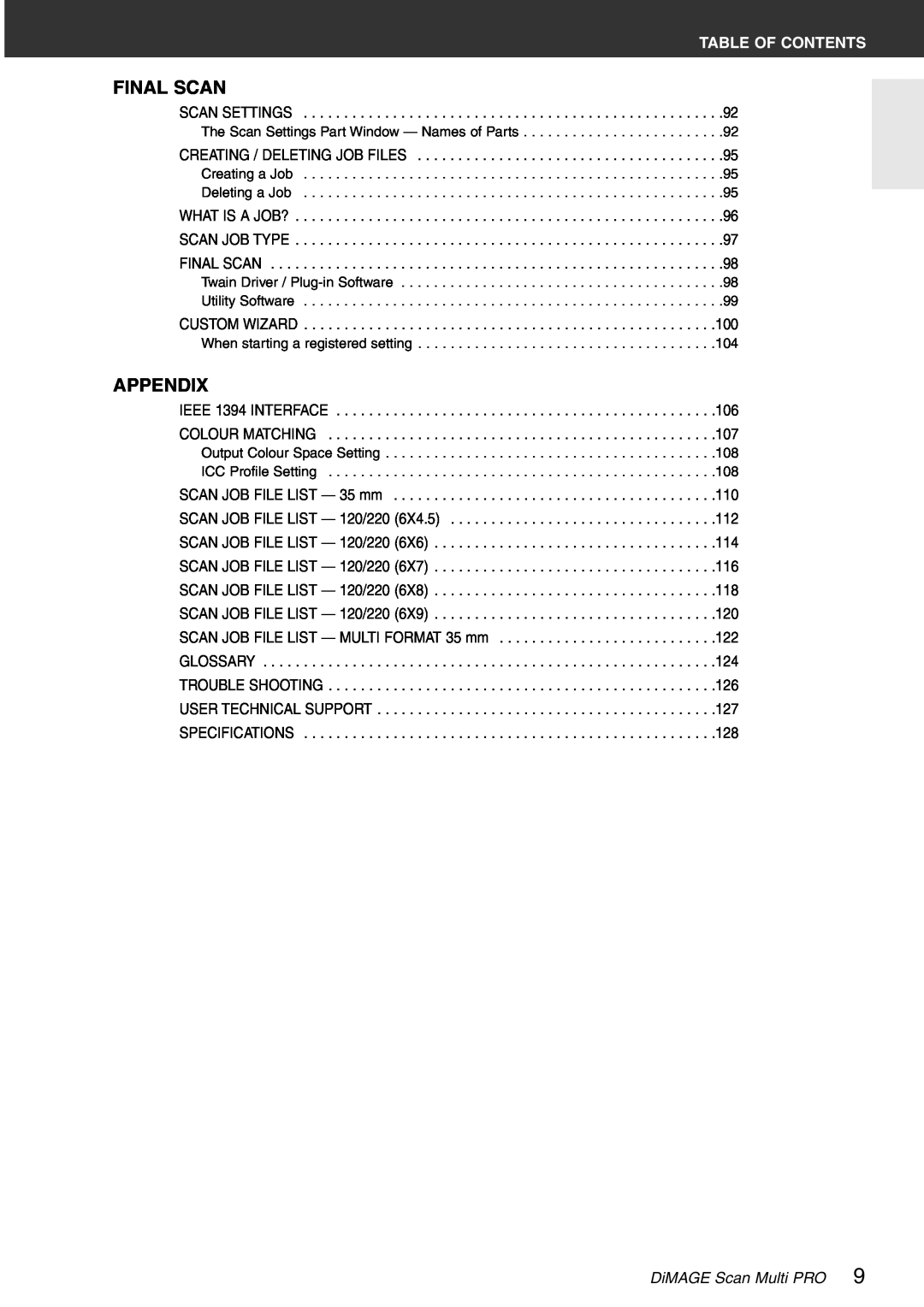 Konica Minolta instruction manual Final Scan, Appendix, Table Of Contents, DiMAGE Scan Multi PRO 