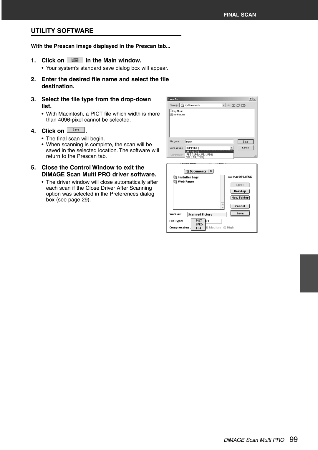 Konica Minolta Scan Multi PRO Utility Software, Click on in the Main window, Select the file type from the drop-down list 