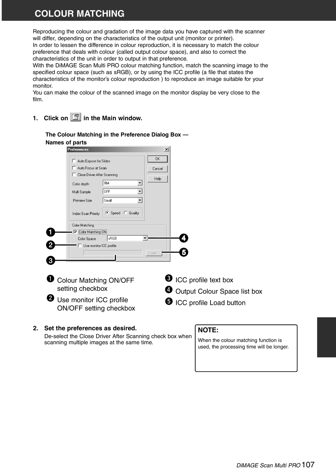 Konica Minolta Scan Multi PRO instruction manual Colour Matching in the Preference Dialog Box Names of parts 