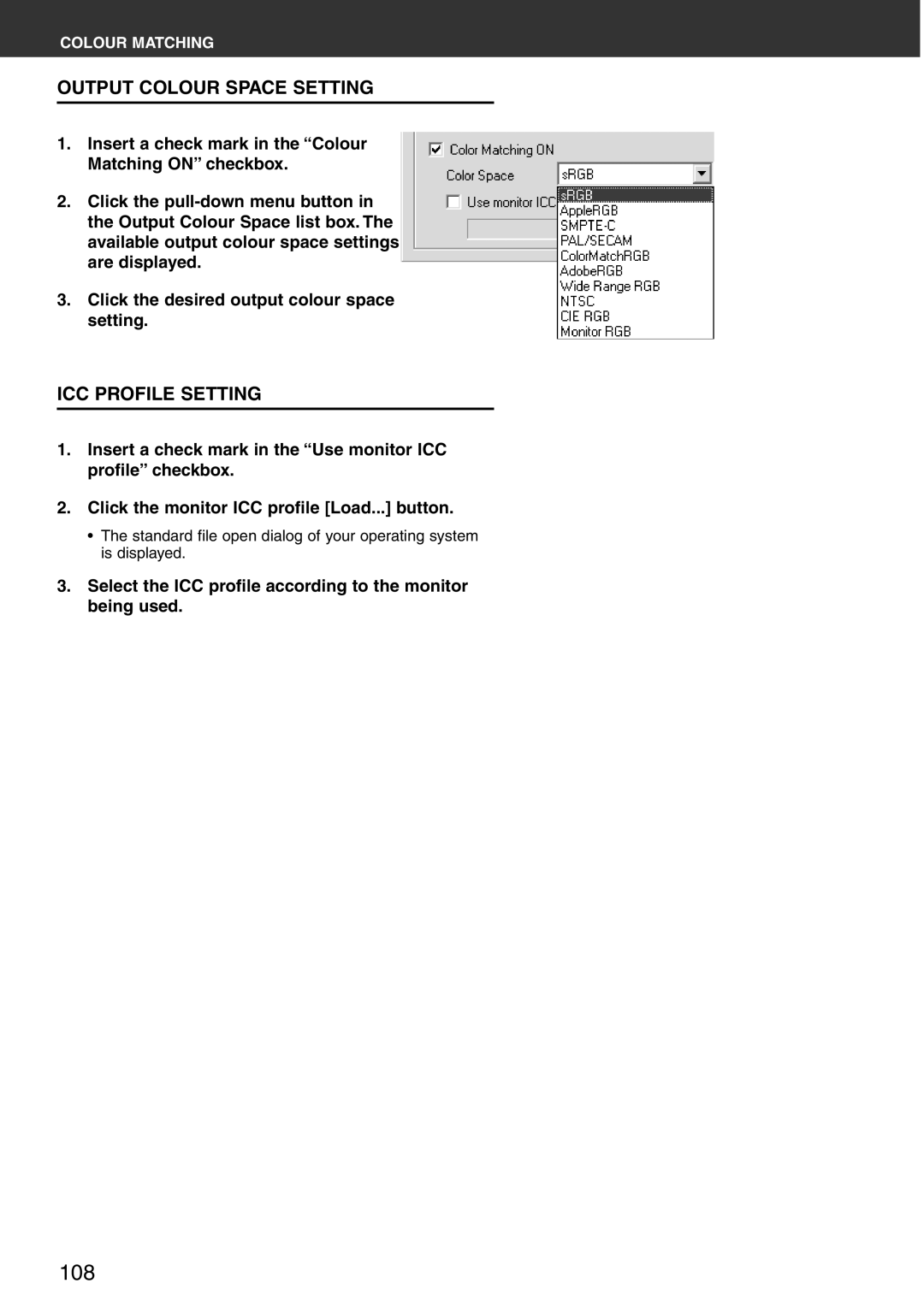 Konica Minolta Scan Multi PRO instruction manual Output Colour Space Setting, ICC Profile Setting 