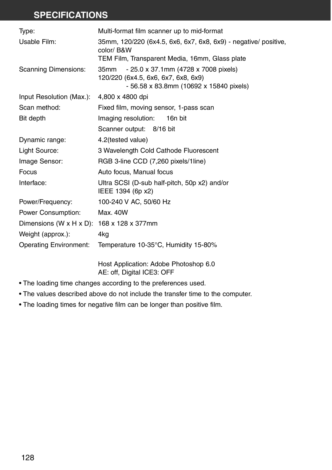 Konica Minolta Scan Multi PRO instruction manual Specifications, 128 