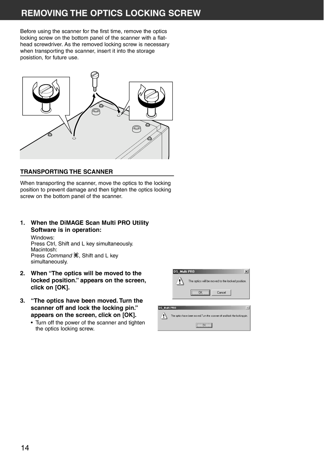 Konica Minolta Scan Multi PRO instruction manual Removing the Optics Locking Screw, Transporting the Scanner 