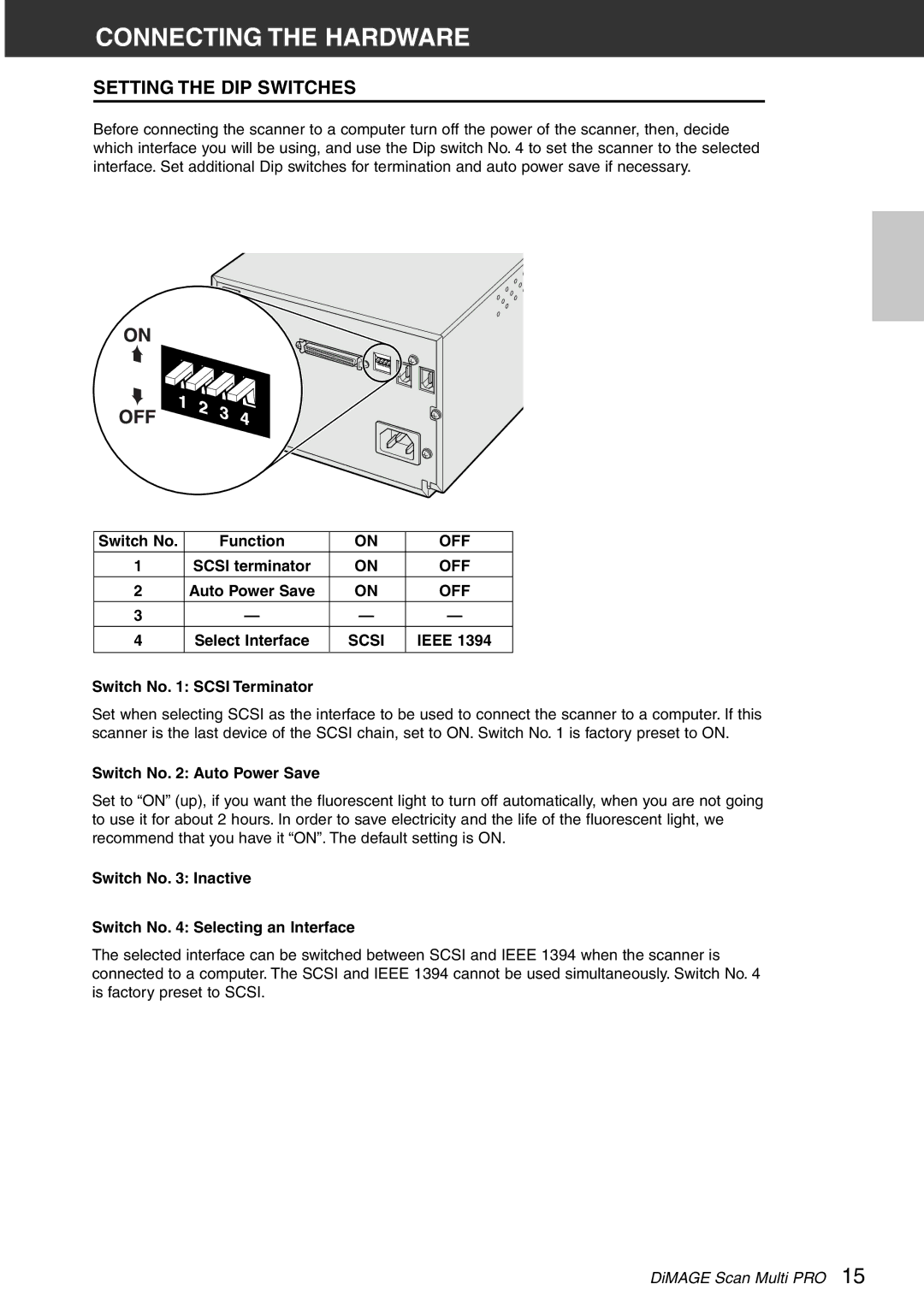 Konica Minolta Scan Multi PRO instruction manual Connecting the Hardware, Setting the DIP Switches 