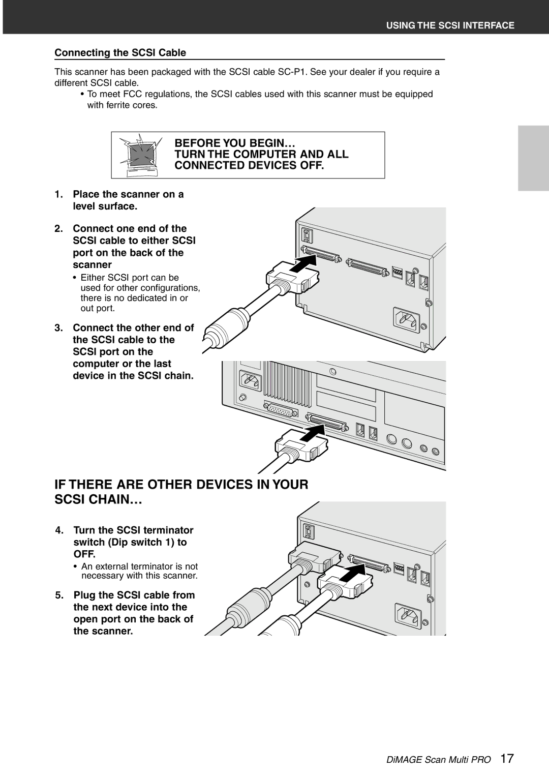 Konica Minolta Scan Multi PRO Connecting the Scsi Cable, Turn the Scsi terminator switch Dip switch 1 to OFF 