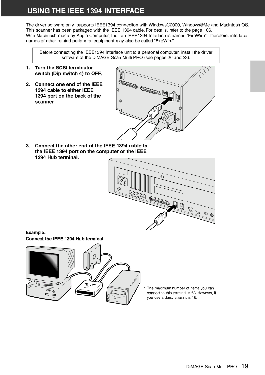 Konica Minolta Scan Multi PRO instruction manual Using the Ieee 1394 Interface, Example Connect the Ieee 1394 Hub terminal 