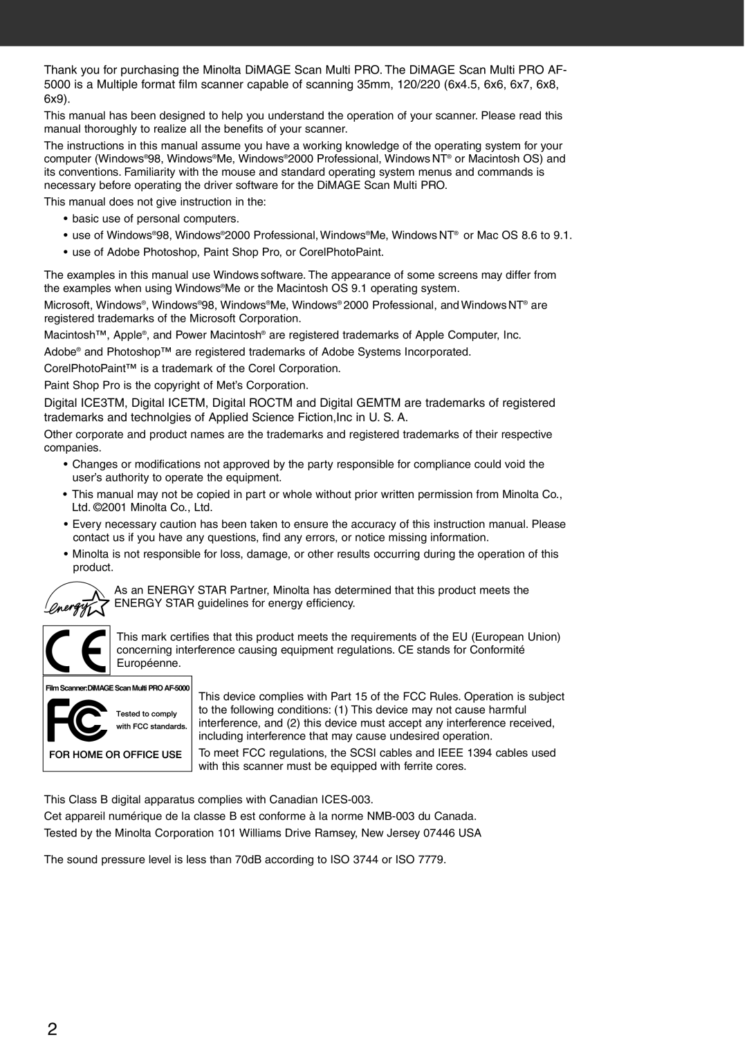 Konica Minolta instruction manual Film ScannerDiMAGE Scan Multi PRO AF-5000 