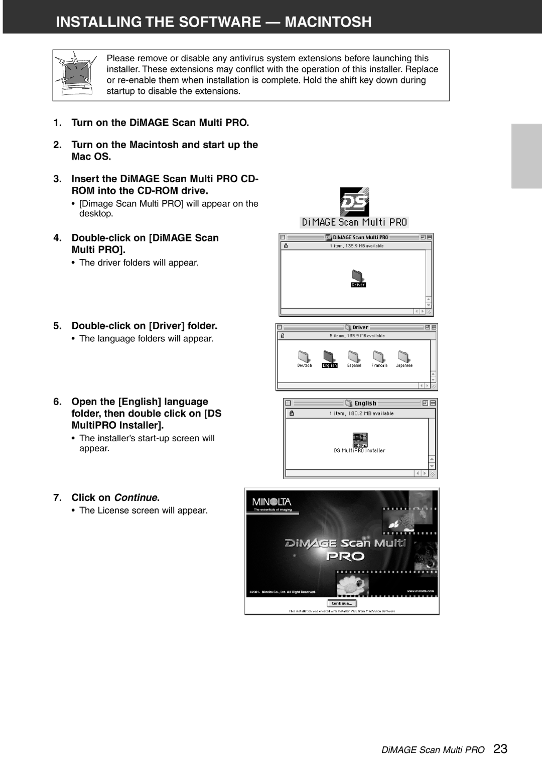 Konica Minolta Installing the Software Macintosh, Double-click on DiMAGE Scan Multi PRO, Double-click on Driver folder 