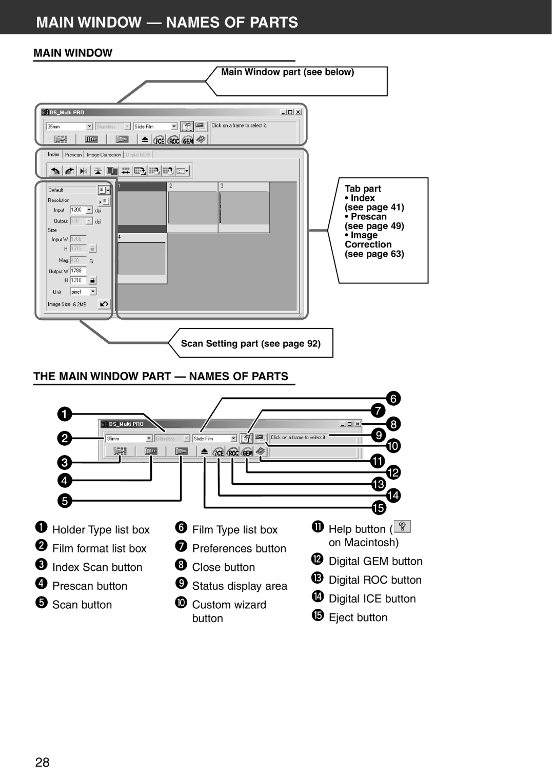 Konica Minolta Scan Multi PRO instruction manual Main Window Names of Parts, Main Window Part Names of Parts 