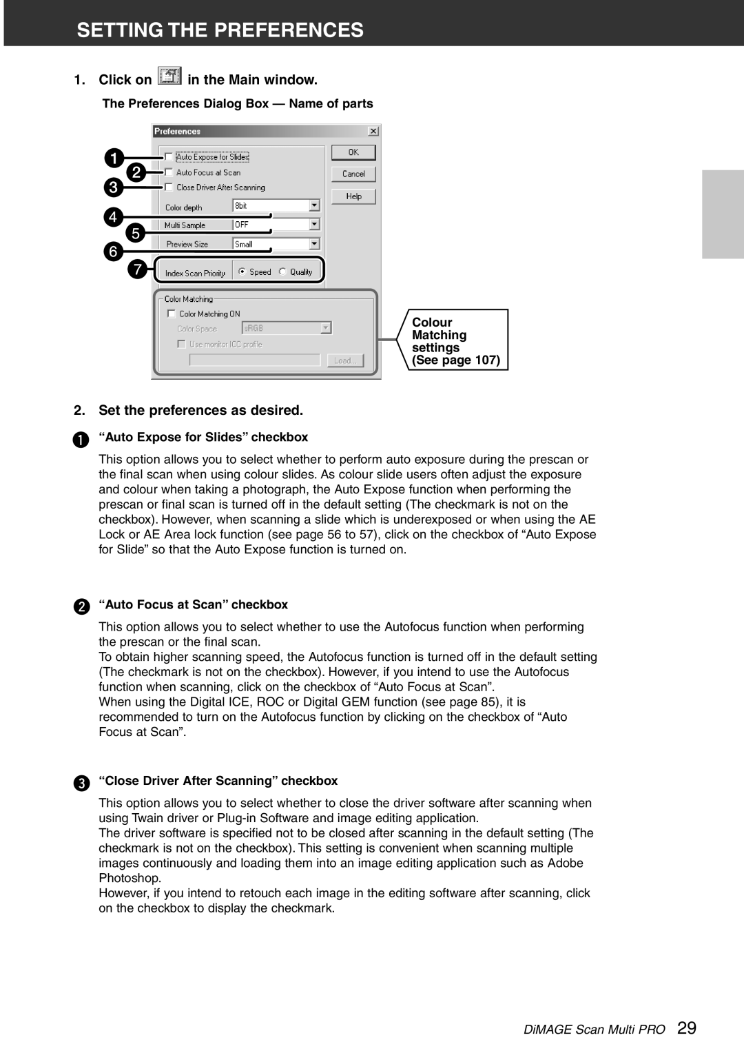 Konica Minolta Scan Multi PRO Setting the Preferences, Click on in the Main window, Set the preferences as desired 