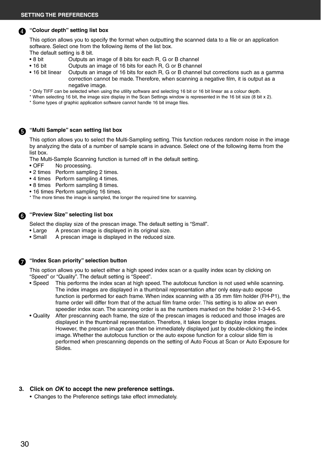 Konica Minolta Scan Multi PRO Click on OK to accept the new preference settings, Colour depth setting list box 