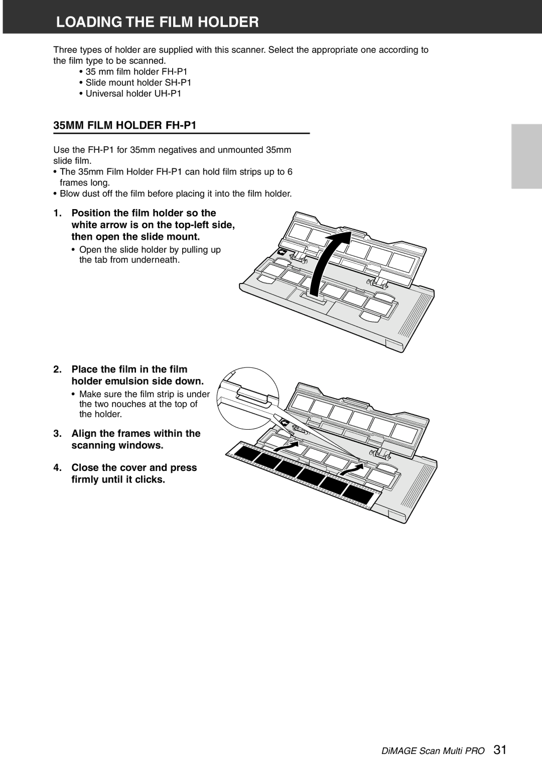 Konica Minolta Scan Multi PRO instruction manual Loading the Film Holder, 35MM Film Holder FH-P1 