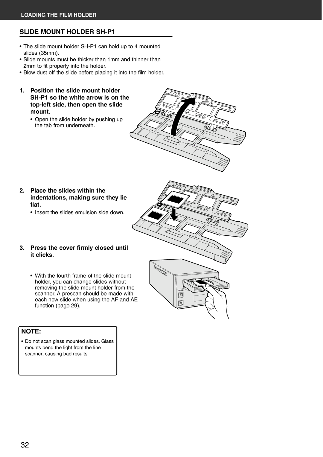 Konica Minolta Scan Multi PRO instruction manual Slide Mount Holder SH-P1, Press the cover firmly closed until it clicks 