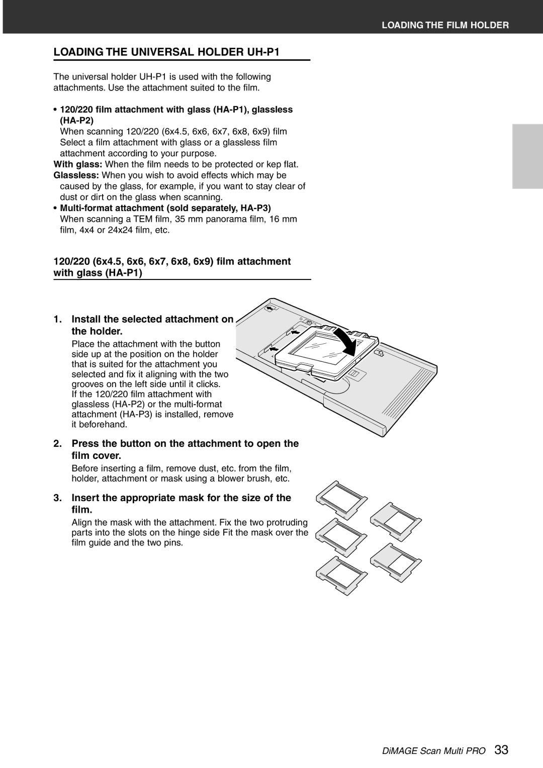 Konica Minolta Scan Multi PRO Loading the Universal Holder UH-P1, Insert the appropriate mask for the size Film 