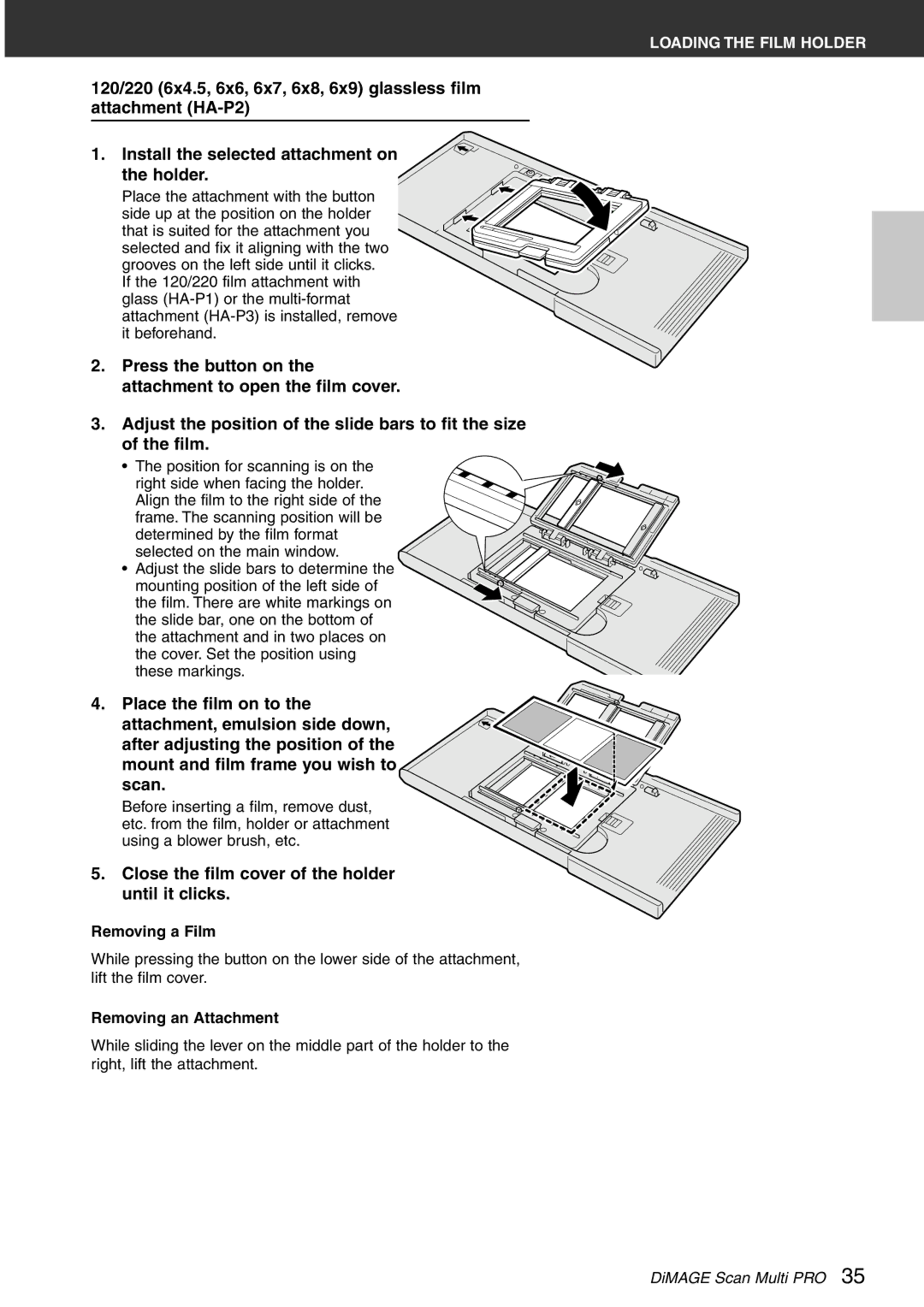 Konica Minolta Scan Multi PRO instruction manual Close the film cover of the holder until it clicks 