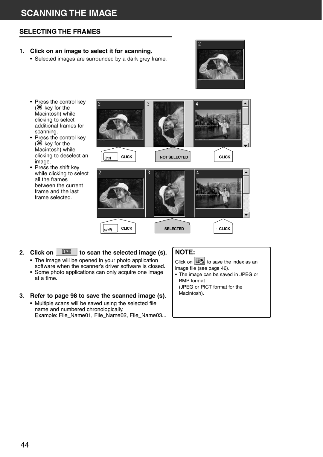 Konica Minolta Scan Multi PRO Scanning the Image, Selecting the Frames, Click on an image to select it for scanning 