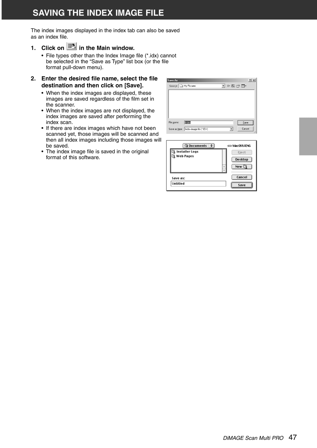 Konica Minolta Scan Multi PRO instruction manual Saving the Index Image File 