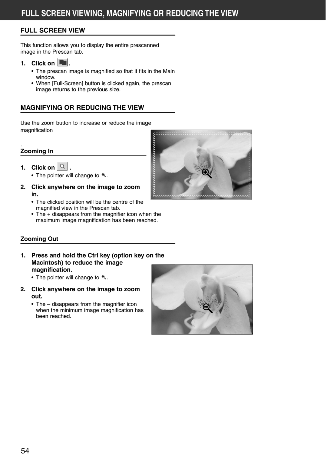 Konica Minolta Scan Multi PRO instruction manual Full Screen VIEWING, Magnifying or Reducing the View, Full Screen View 