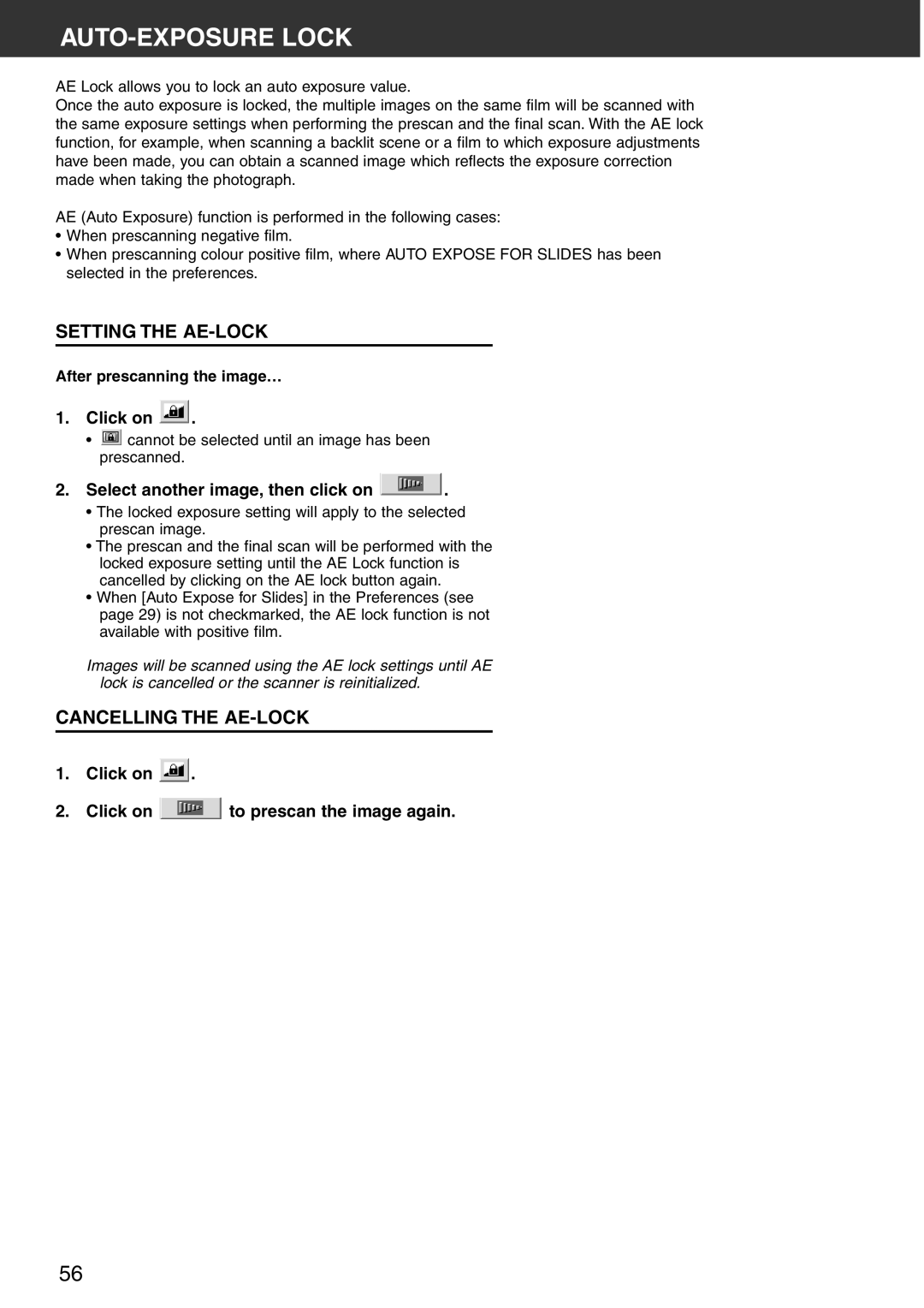 Konica Minolta Scan Multi PRO instruction manual AUTO-EXPOSURE Lock, Setting the AE-LOCK, Cancelling the AE-LOCK 