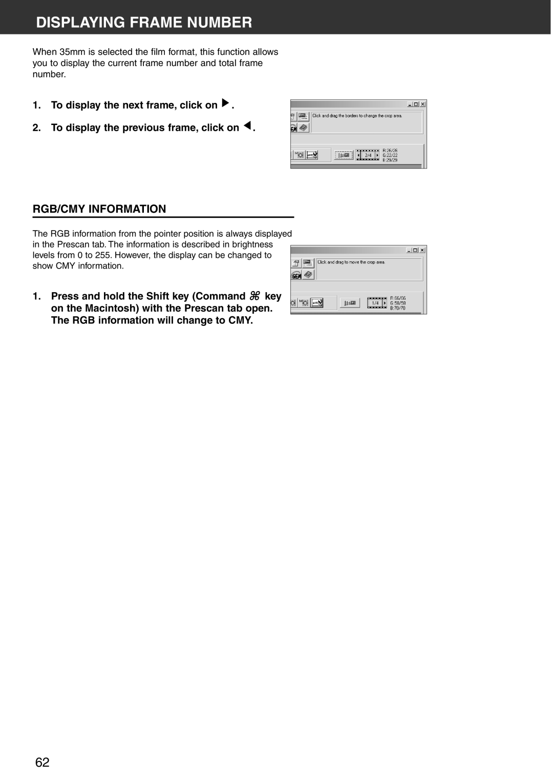 Konica Minolta Scan Multi PRO instruction manual Displaying Frame Number, RGB/CMY Information 