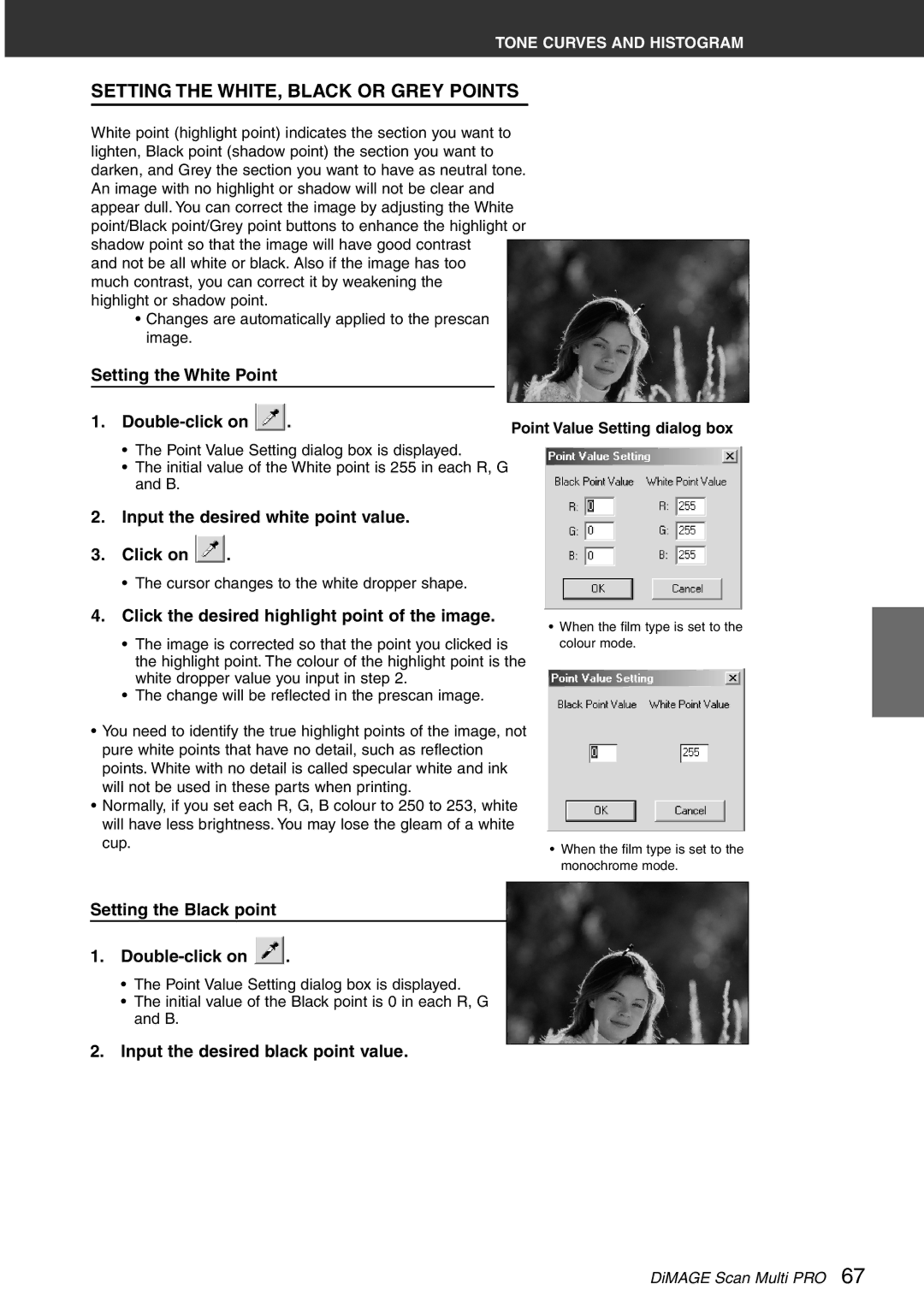 Konica Minolta Scan Multi PRO instruction manual Setting the WHITE, Black or Grey Points 