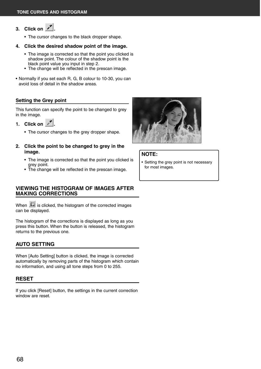 Konica Minolta Scan Multi PRO Viewing the Histogram of Images After Making Corrections, Auto Setting, Reset 