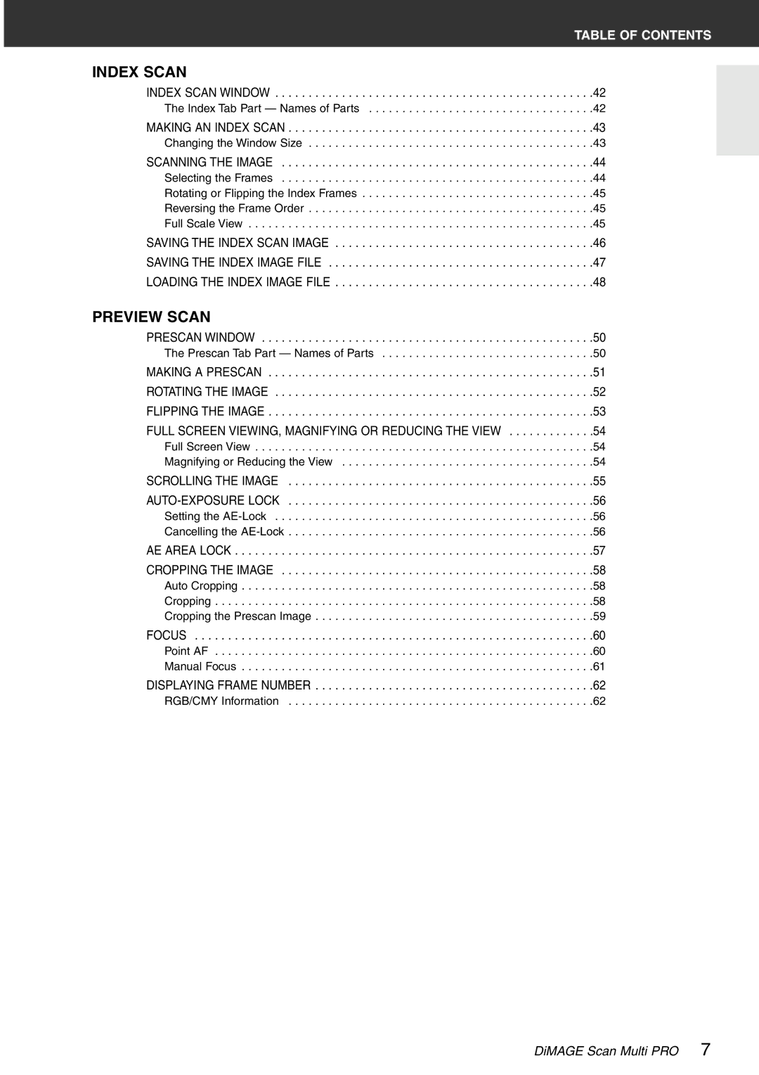 Konica Minolta Scan Multi PRO instruction manual Index Scan, Preview Scan 