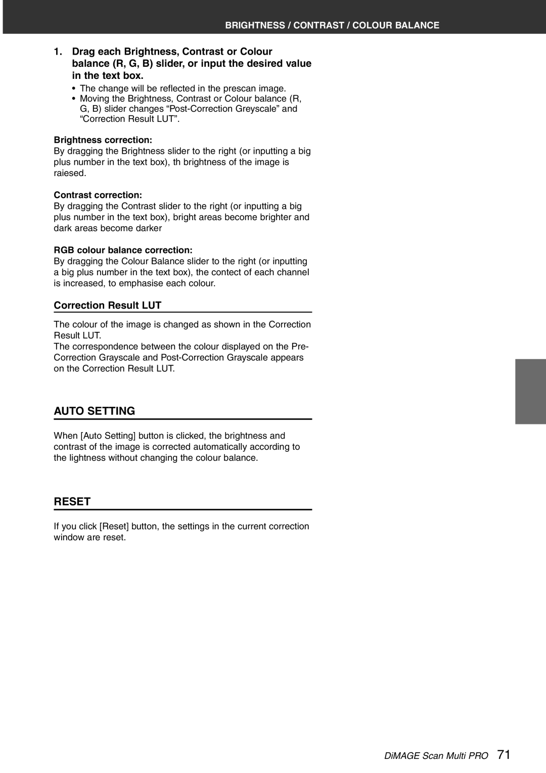 Konica Minolta Scan Multi PRO instruction manual Correction Result LUT, Brightness correction, Contrast correction 