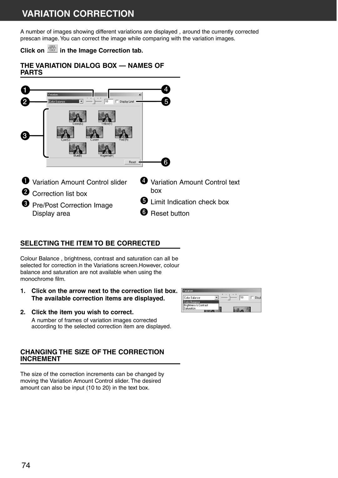 Konica Minolta Scan Multi PRO Variation Correction, Variation Dialog BOX Names Parts, Selecting the Item to be Corrected 