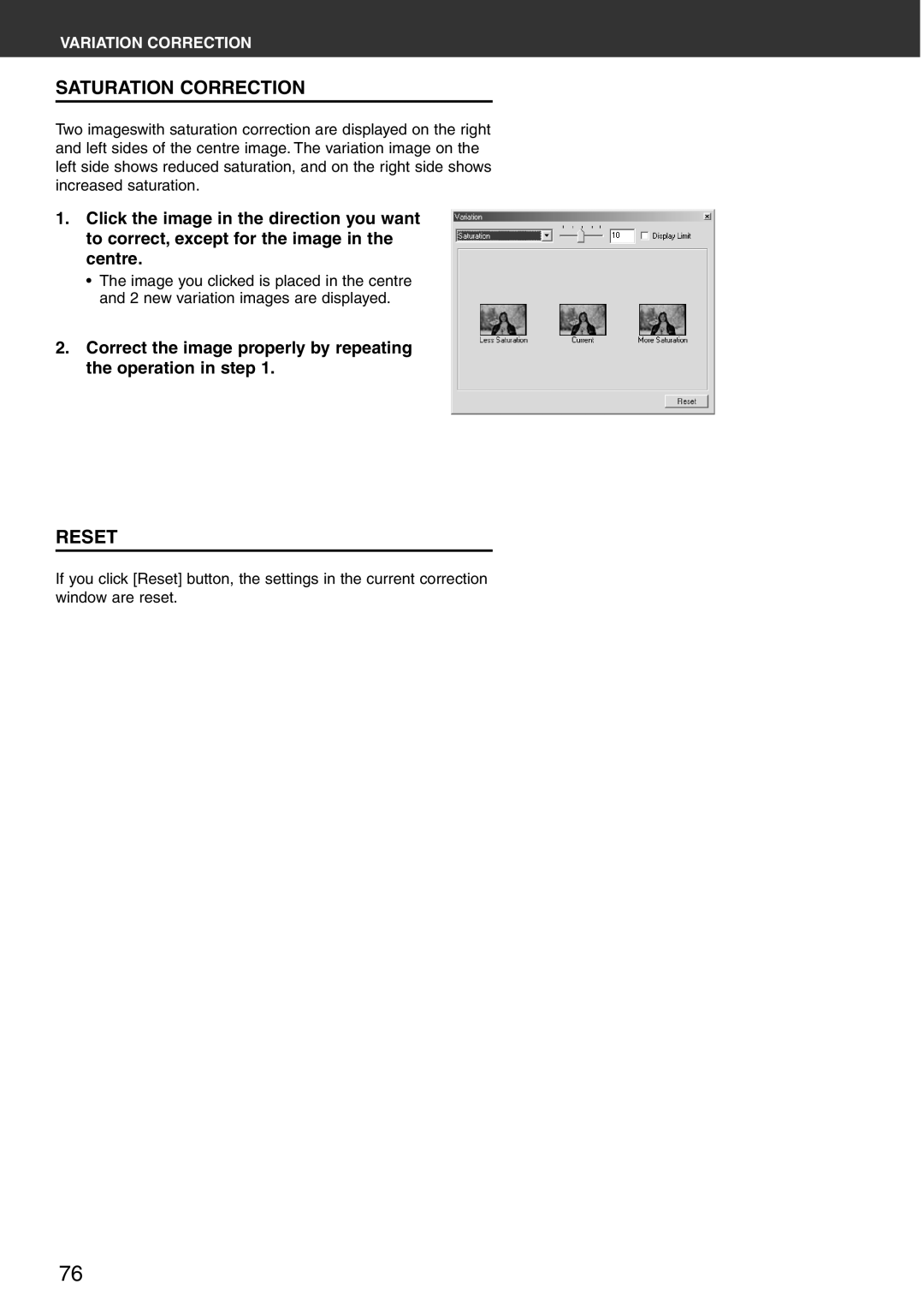 Konica Minolta Scan Multi PRO instruction manual Saturation Correction, Reset 