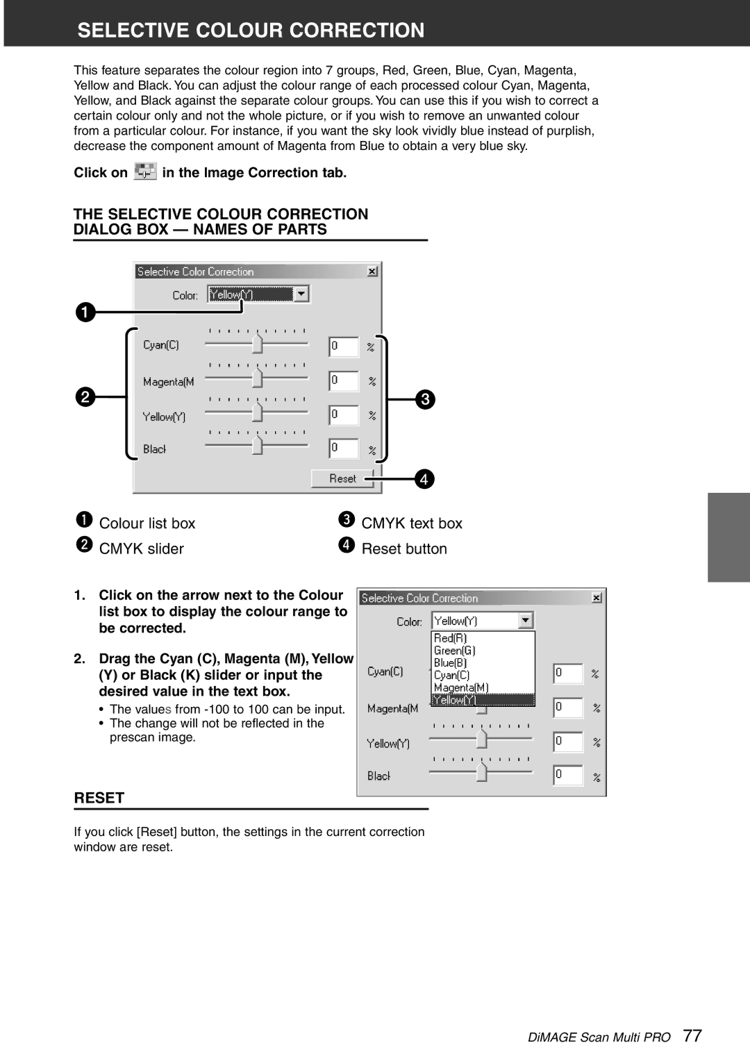 Konica Minolta Scan Multi PRO instruction manual Selective Colour Correction Dialog BOX Names of Parts 