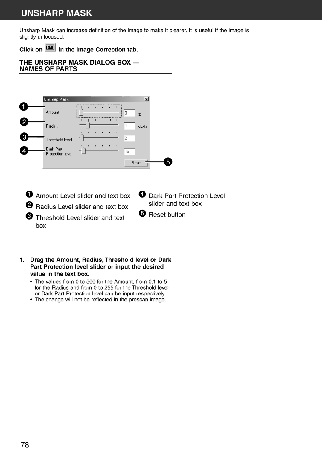 Konica Minolta Scan Multi PRO instruction manual Unsharp Mask Dialog BOX Names of Parts 