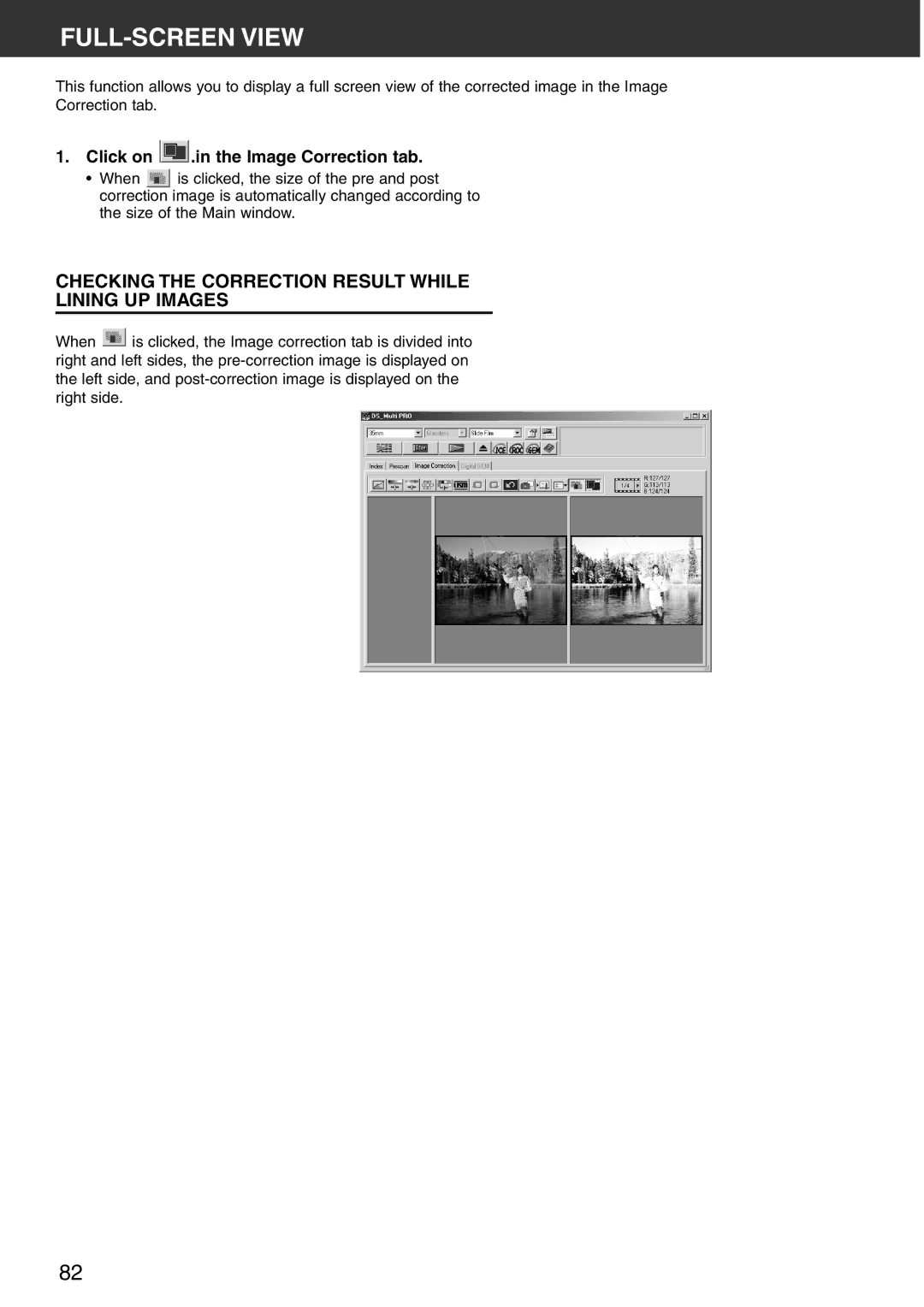 Konica Minolta Scan Multi PRO instruction manual FULL-SCREEN View, Checking the Correction Result While Lining UP Images 