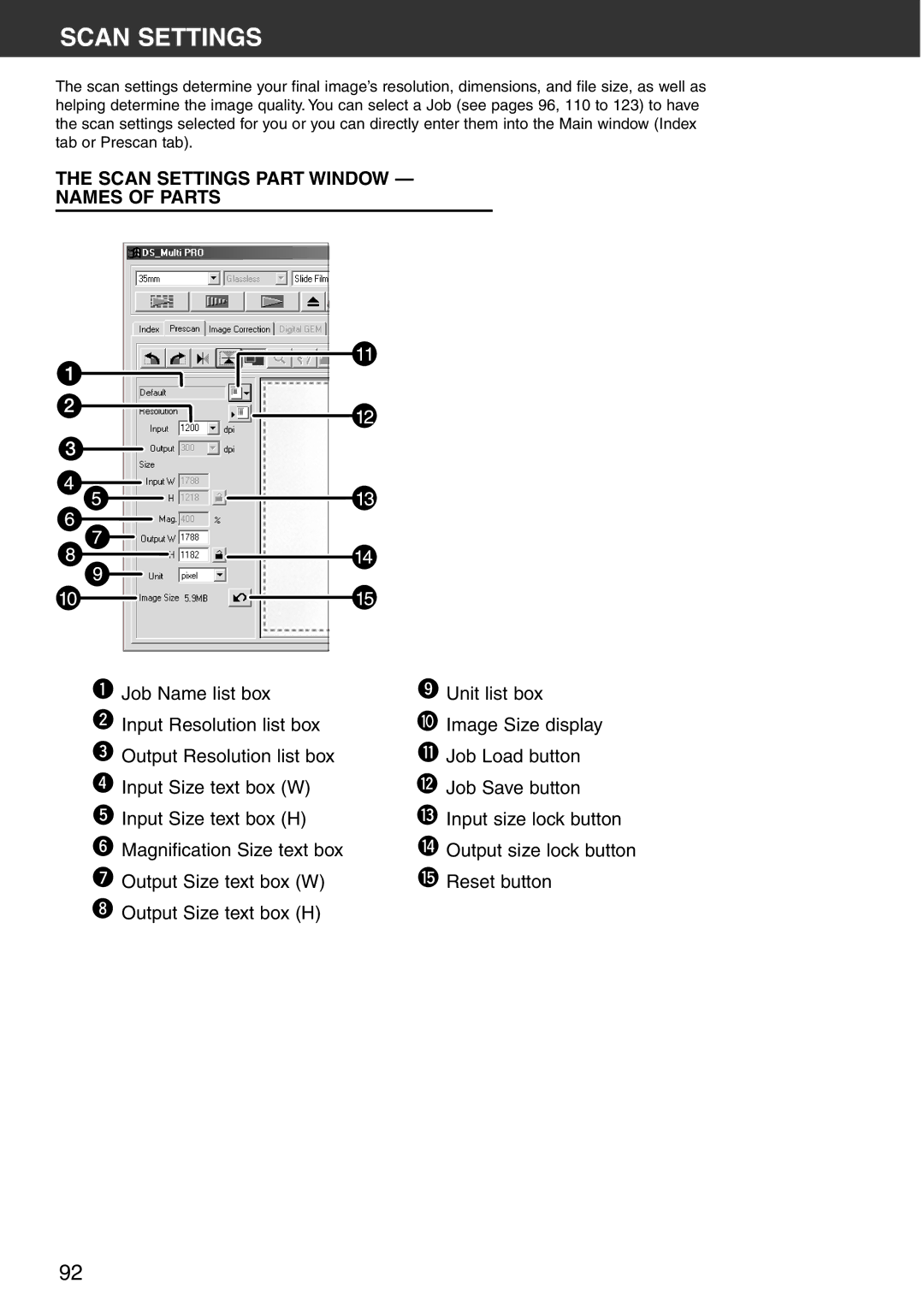 Konica Minolta Scan Multi PRO instruction manual Scan Settings Part Window Names of Parts 