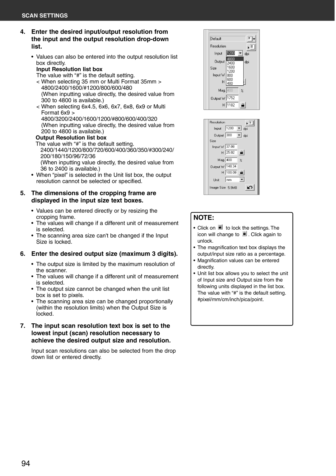 Konica Minolta Scan Multi PRO instruction manual Enter the desired output size maximum 3 digits, Input Resolution list box 