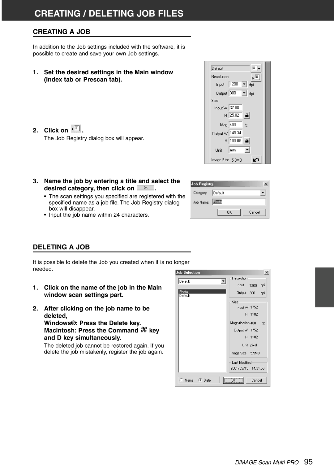 Konica Minolta Scan Multi PRO instruction manual Creating / Deleting JOB Files, Creating a JOB, Deleting a JOB 