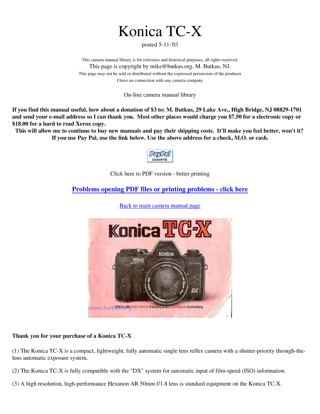 Konica Minolta manual Thank you for your purchase of a Konica TC-X 