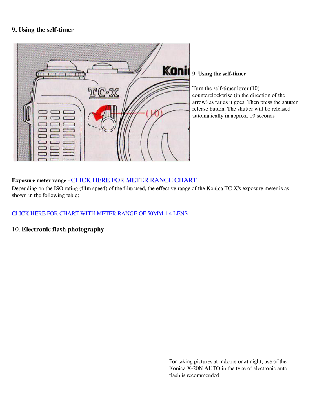 Konica Minolta TC-X manual Using the self-timer, Electronic flash photography 