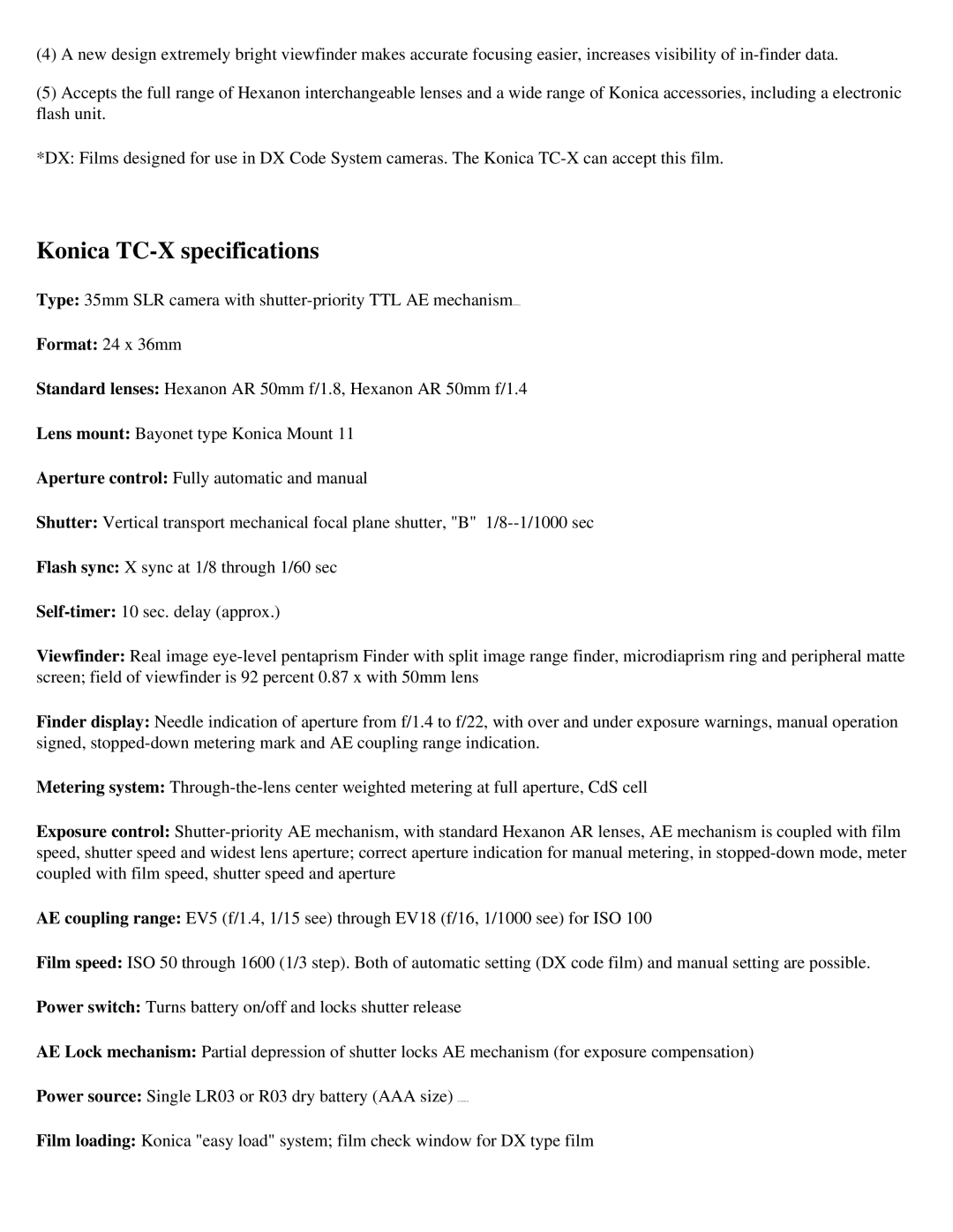 Konica Minolta manual Konica TC-X specifications 