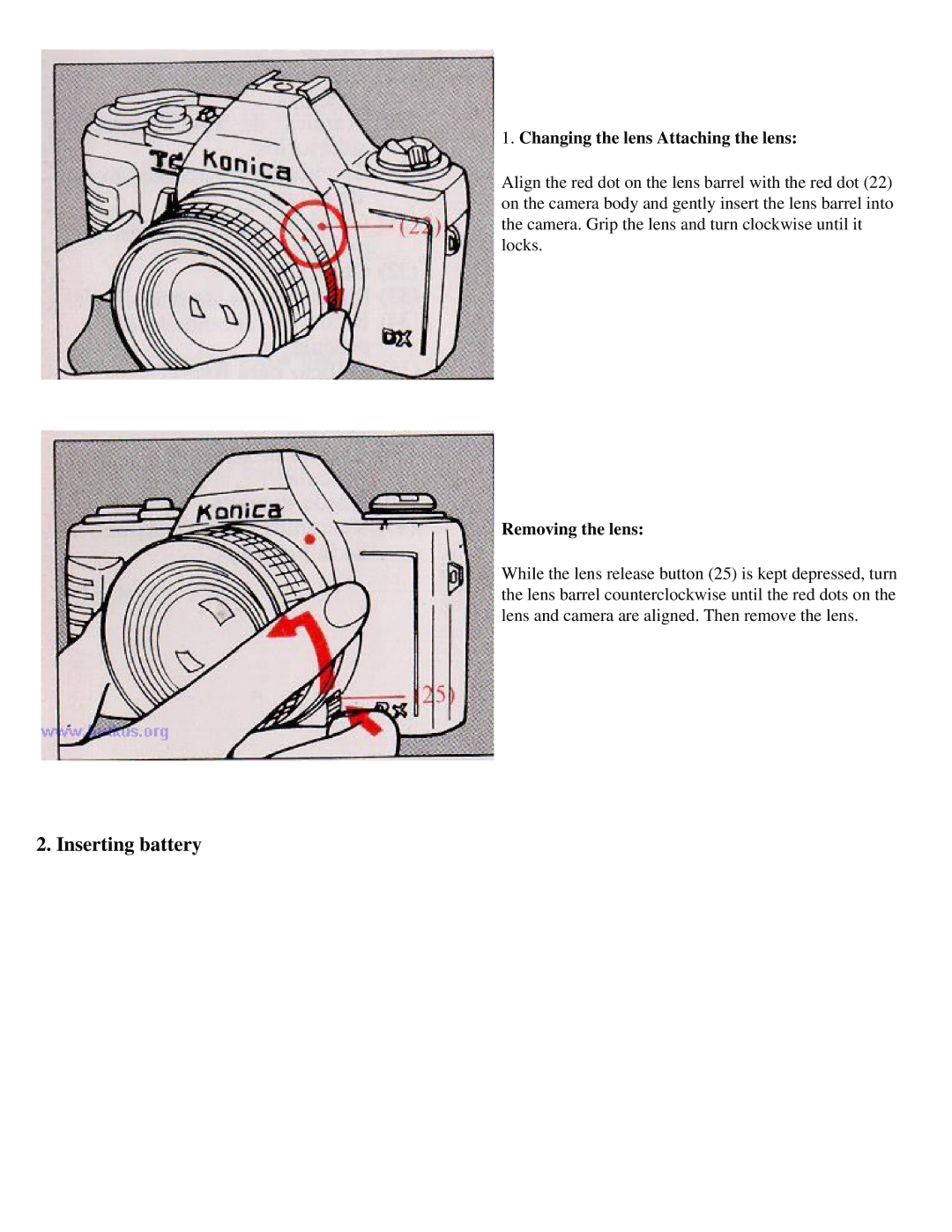 Konica Minolta TC-X manual Inserting battery, Changing the lens Attaching the lens, Removing the lens 