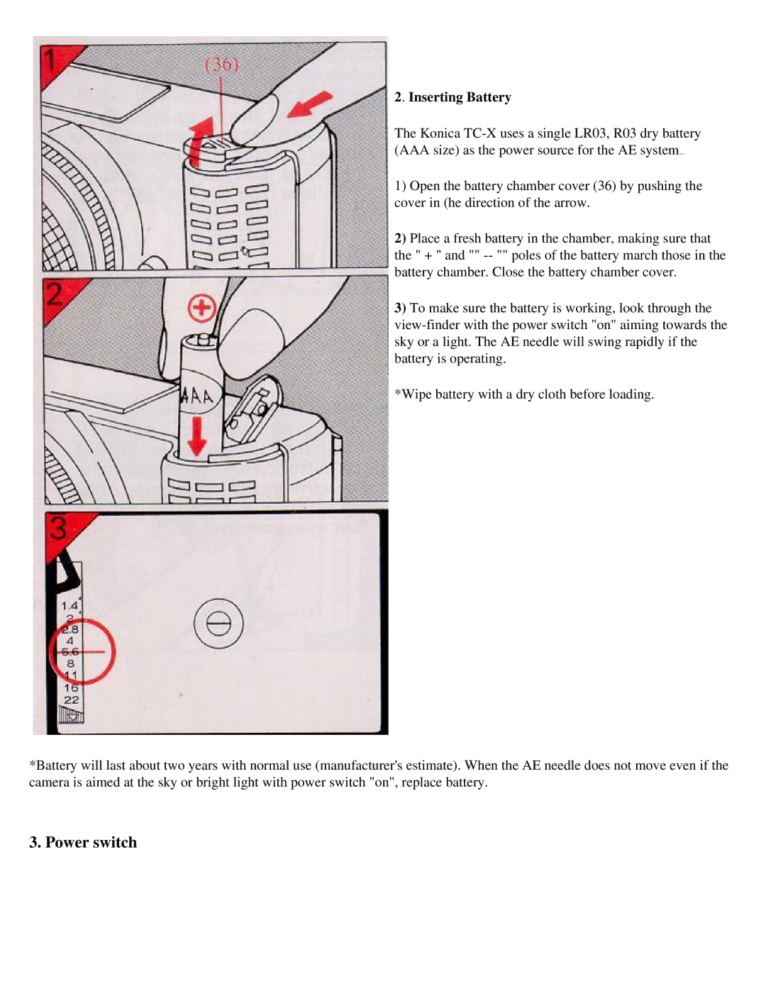 Konica Minolta TC-X manual Power switch, Inserting Battery 