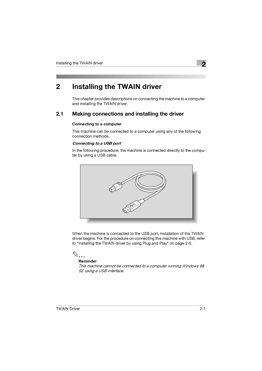 Konica Minolta TWIN Driver manual Installing the Twain driver, Making connections and installing the driver 