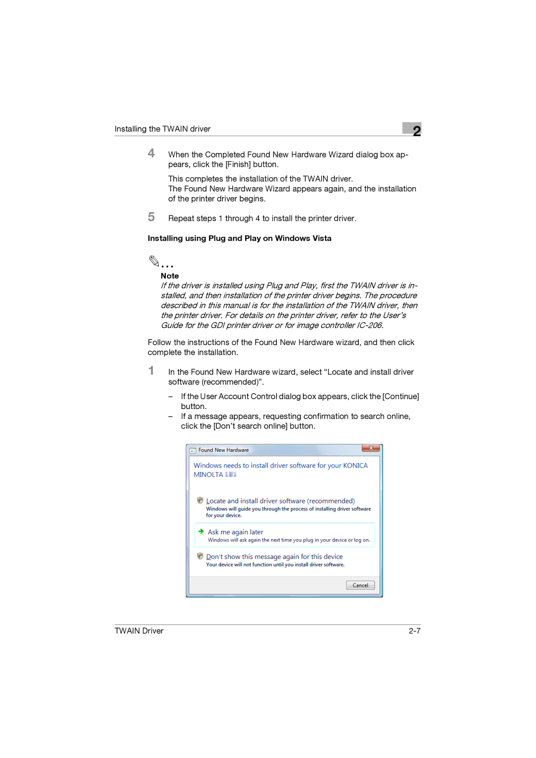 Konica Minolta TWIN Driver manual Installing using Plug and Play on Windows Vista 