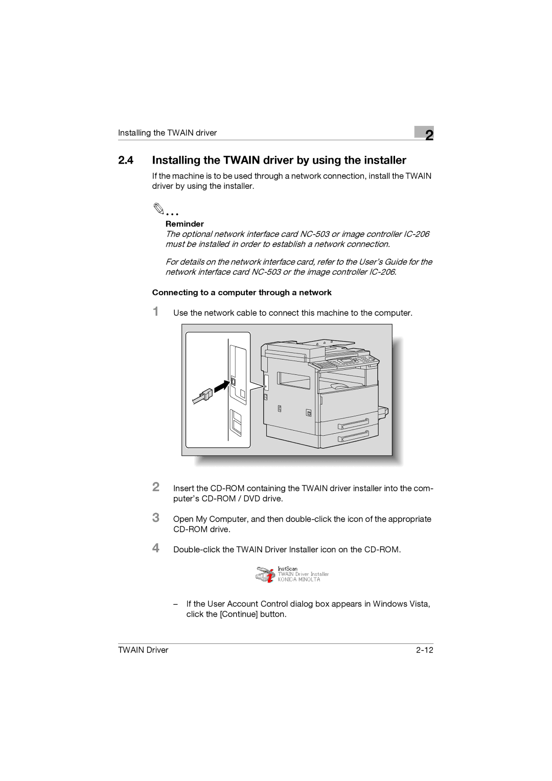 Konica Minolta TWIN Driver manual Installing the Twain driver by using the installer, Reminder 