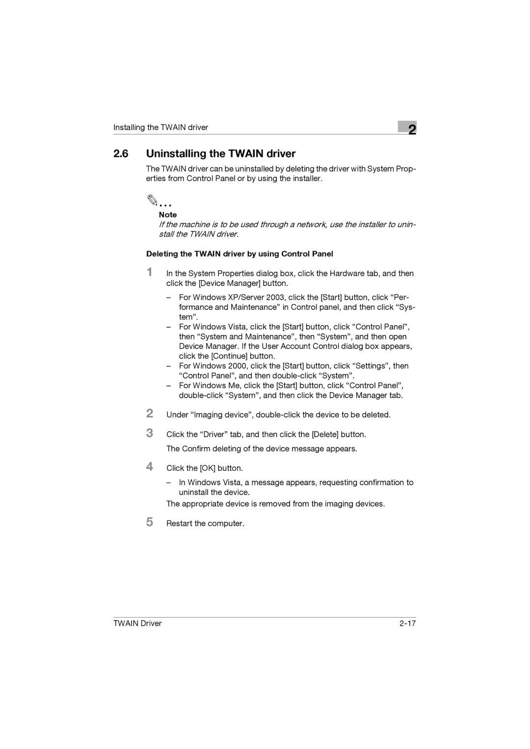 Konica Minolta TWIN Driver manual Uninstalling the Twain driver, Deleting the Twain driver by using Control Panel 