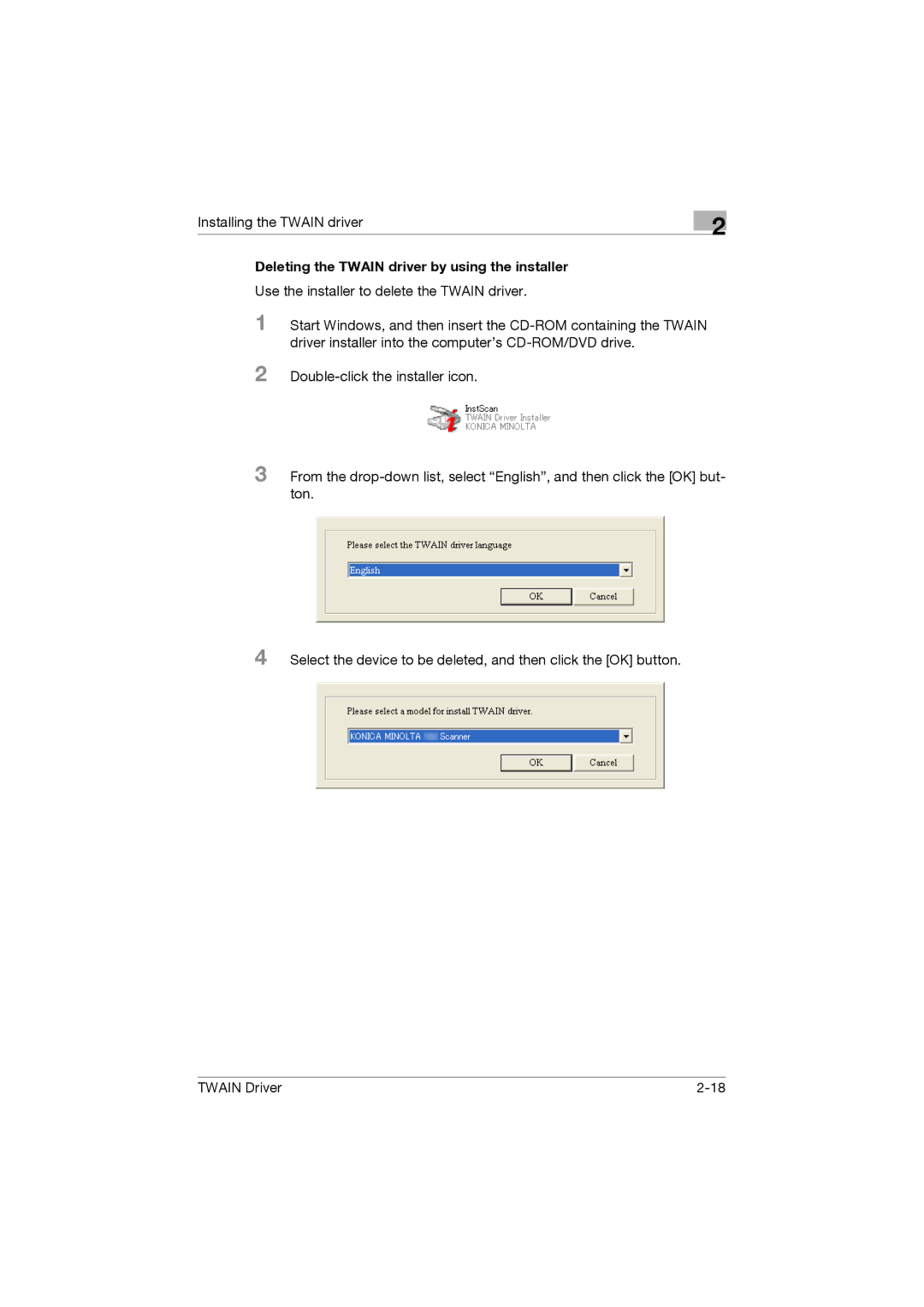 Konica Minolta TWIN Driver manual Deleting the Twain driver by using the installer 